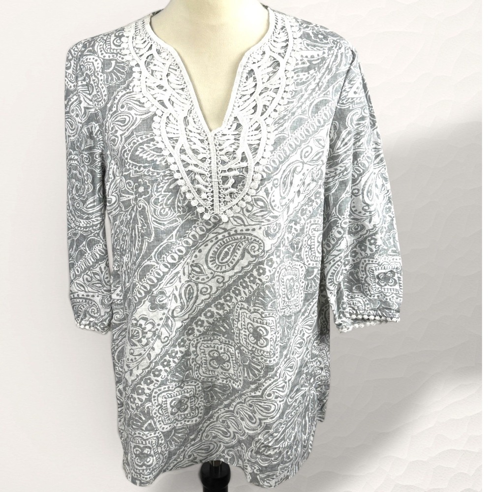Jones New York Women PL Gray Paisley 100% Linen Lace Trim Top Euro Summer